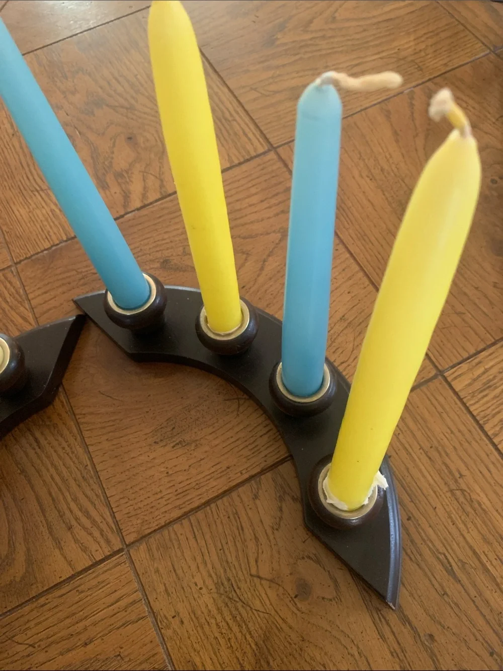 Vintage Taper Candle Set with Dark Wood Holder - Yellow, Blue, Cream